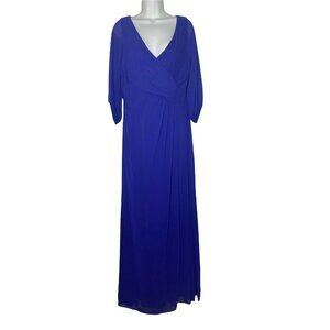 Miss Cristina Womens Faux Wrap Dress Blue Pleated‎ V Neck 3/4 Sleeve Zip L New